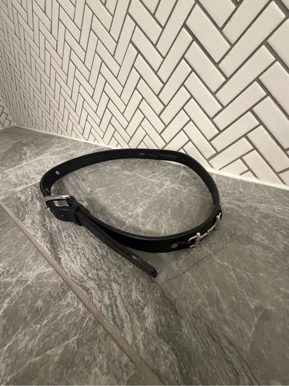 Tory Leather Black and Grey Equestrian Snaffle Dee Ring Bit Leather Belt
